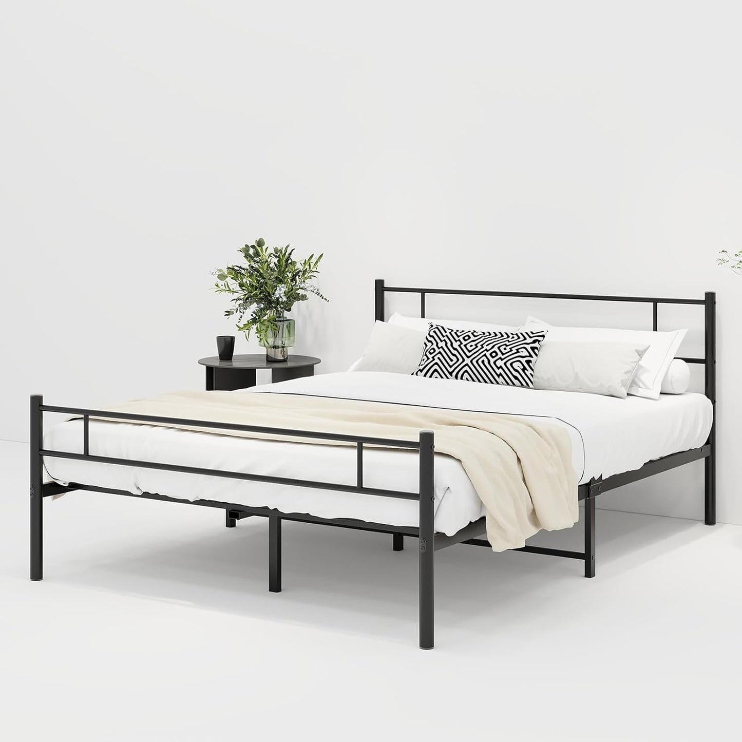 JUISSANO Metal Queen Bed Frame with Headboard,Platform Bed Frame Queen Size Mattress Foundation,No Box Spring Needed,Under Bed Storage,Steel Slats Support,Noise Free,Black Queen Size Bed Frame