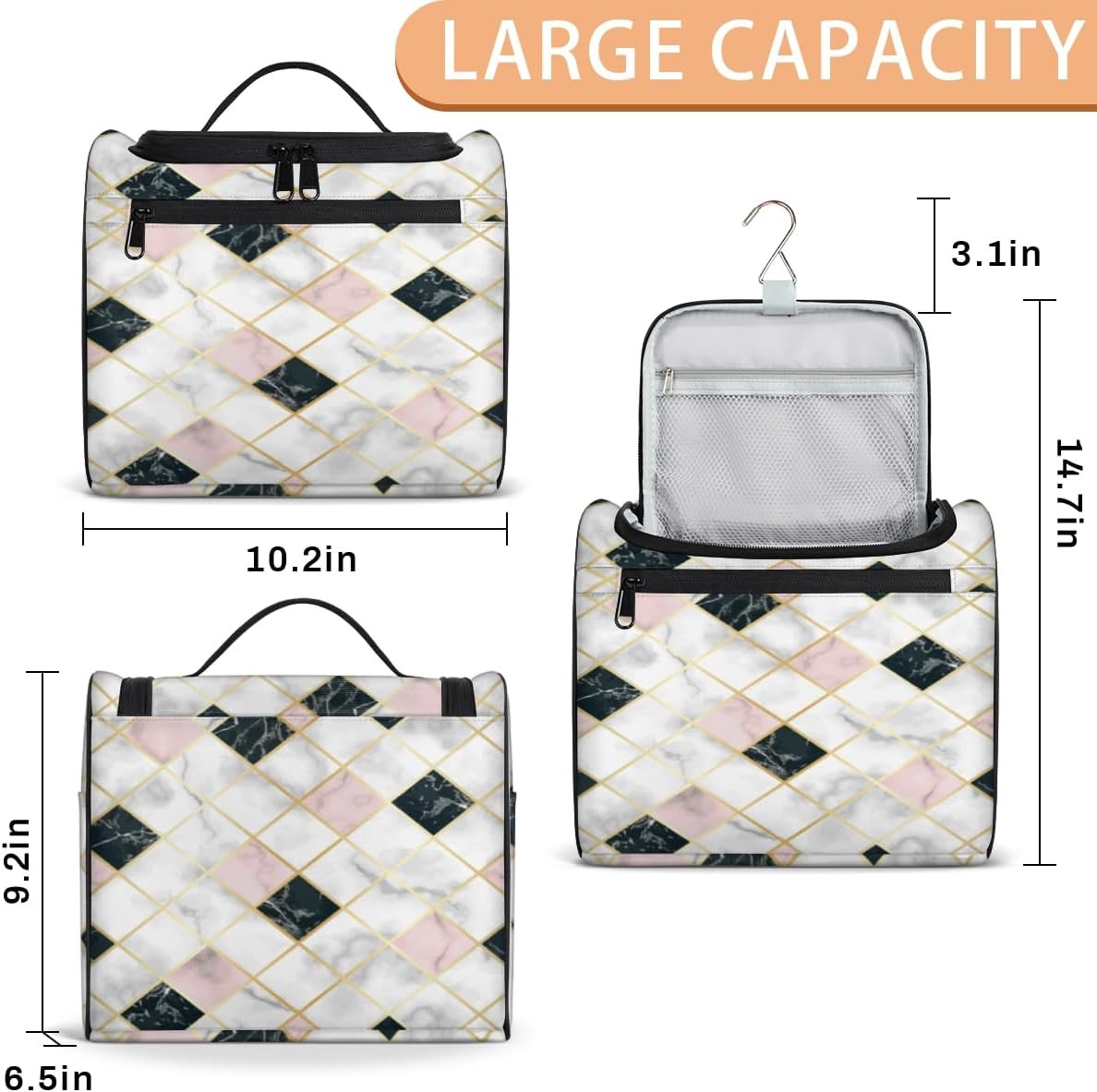Grunge Marble Geometric Travel Toiletry Bag for Men and Women Large Hanging Toiletry Organizer Waterproof Hygiene Bag with Metal Hook, Grunge Marble Geometric, 10.2 x 6.5 x 9.2 inches