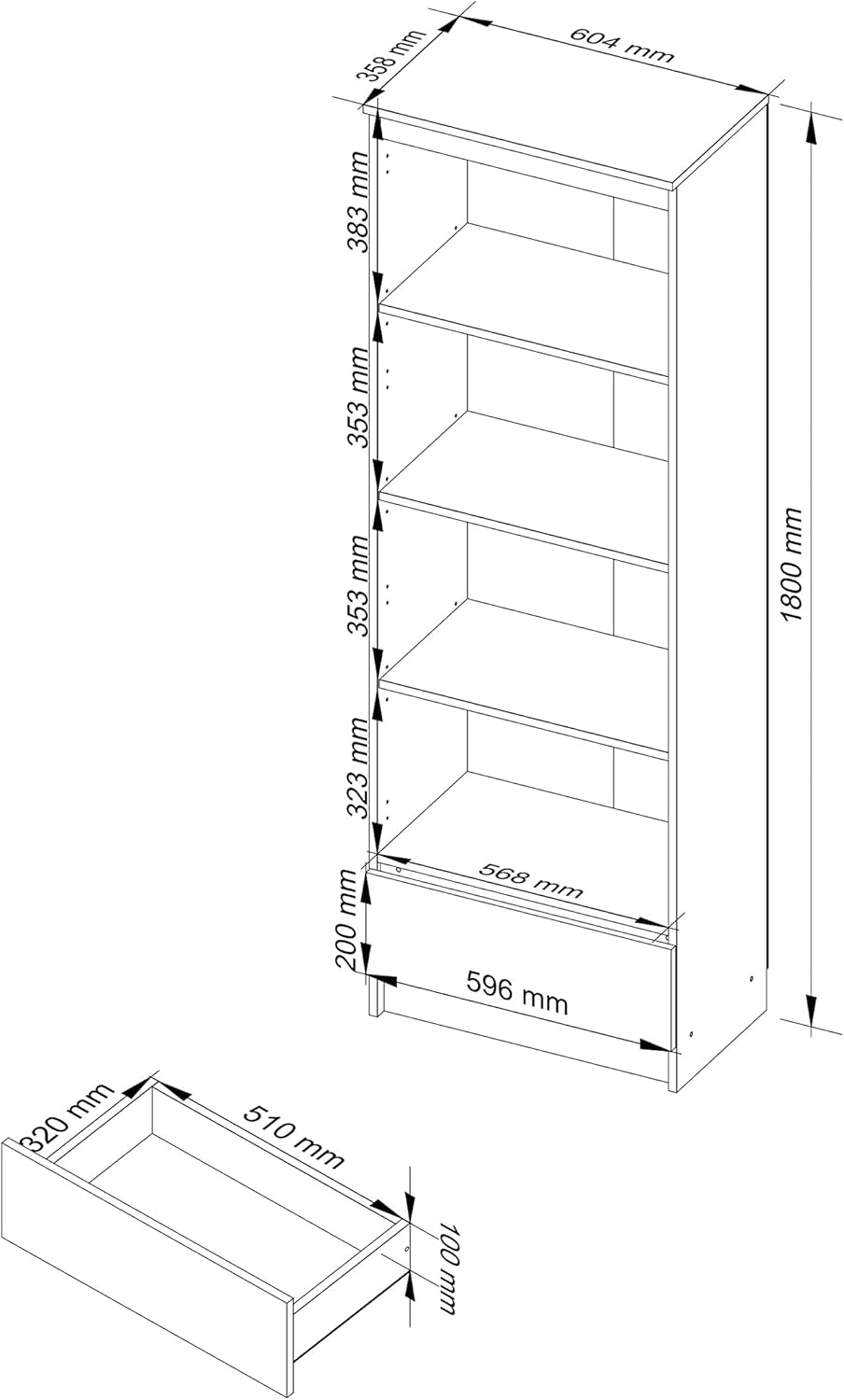 AKORD | Office Bookcase 60 cm | Cabinet with 1 Drawer 4 Shelves | Book Holder | Bedroom Cabinet | Living Room Shelf, Space-Saving | Wit/Sonoma