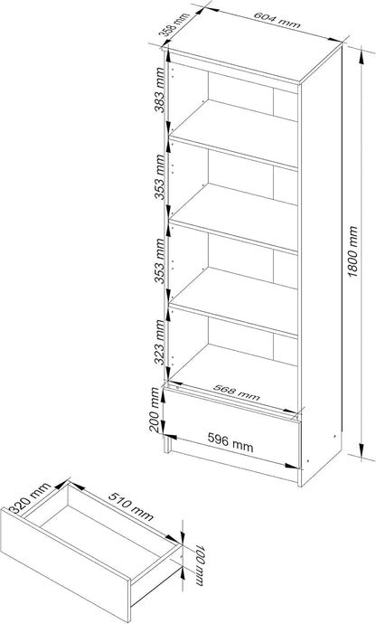 AKORD | Office Bookcase 60 cm | Cabinet with 1 Drawer 4 Shelves | Book Holder | Bedroom Cabinet | Living Room Shelf, Space-Saving | Wit/Sonoma