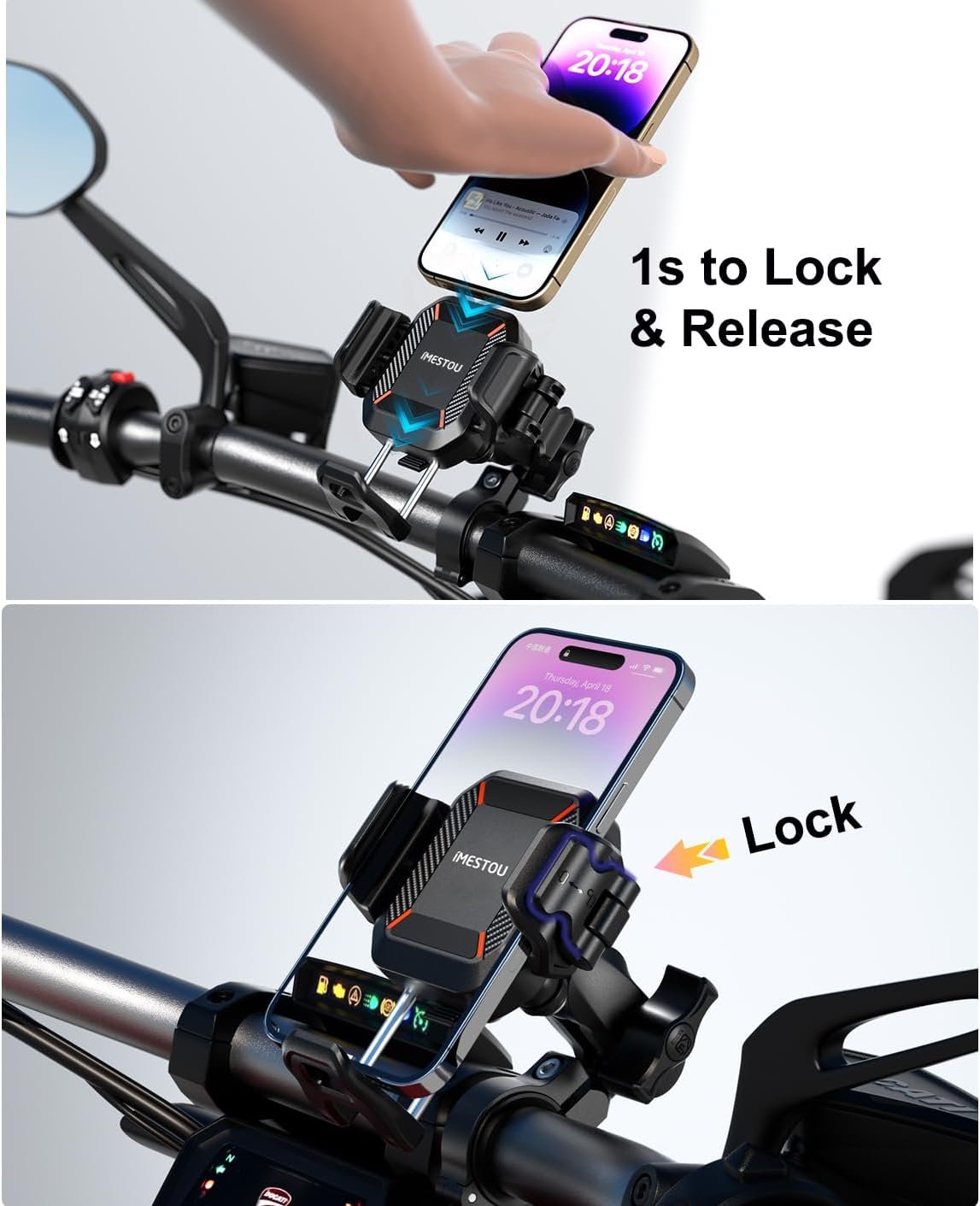 iMESTOU Anti-Vibration Phone Mount for Motorcycles and Bikes with Shock Absorbers & Anti-Theft Design, 1" Ball Phone Mount Suitable for 5.2"-7.2" Up to 15mm Thick Phones, Fits for 22-32mm Handlebars