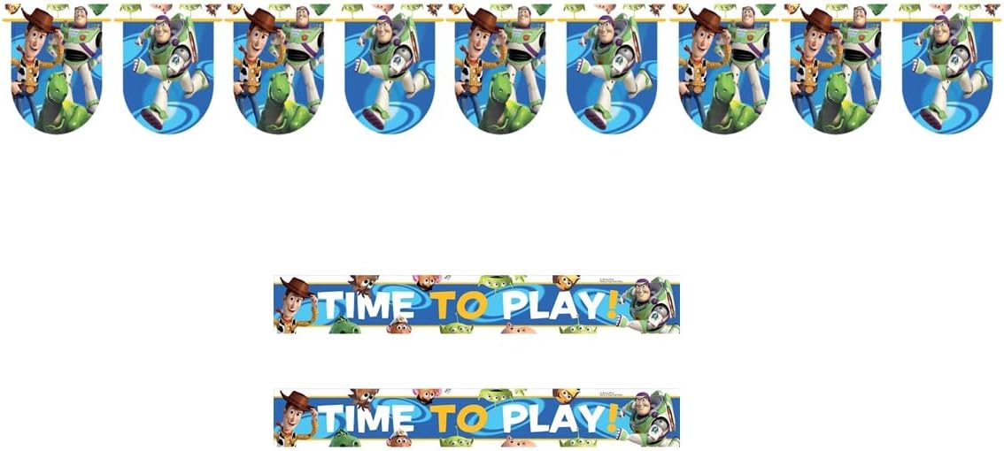 ALMACENESADAN -4766 Disney Toy Story Party Pack Consisting of Linear Flags of 2.40 Metres Approximately and 2 Tiem to Play Banners, Ideal for Parties and Birthdays, 8435510347666