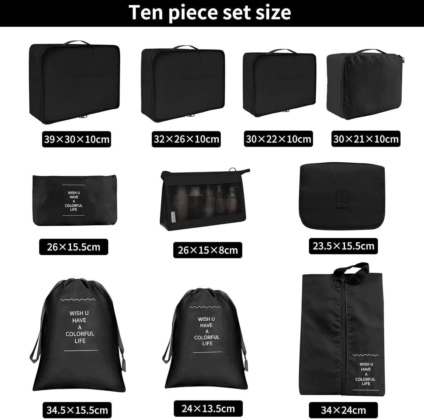 Snarflun 10-Piece Travel Organiser Suitcase, Space-Saving Packing Cubes, Travel Clothes Bags, Underwear Clothing Bags Footwear (Black)