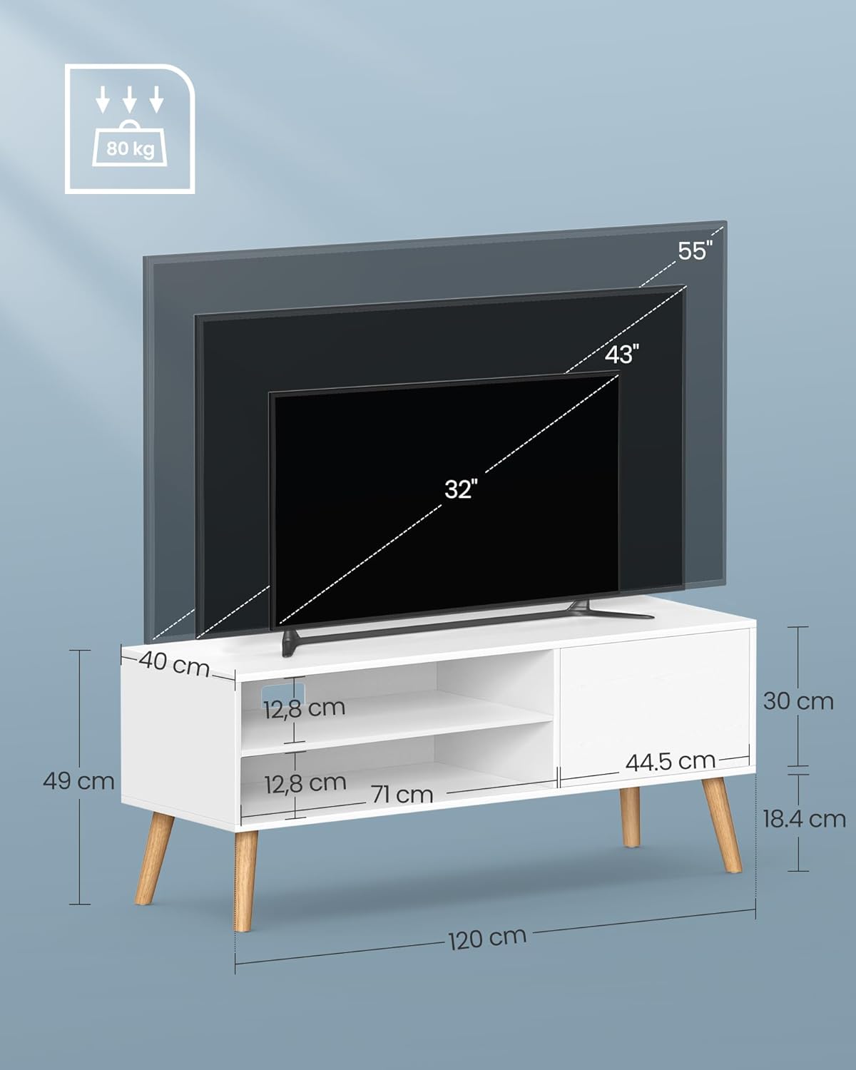VASAGLE TV Cabinet Stand TV Cabinet for Up to 55 Inches TV Stand, 120cm Long TV Stand, Entertainment Centre, Mid Century Modern Living Room Bedroom White LTV120T46
