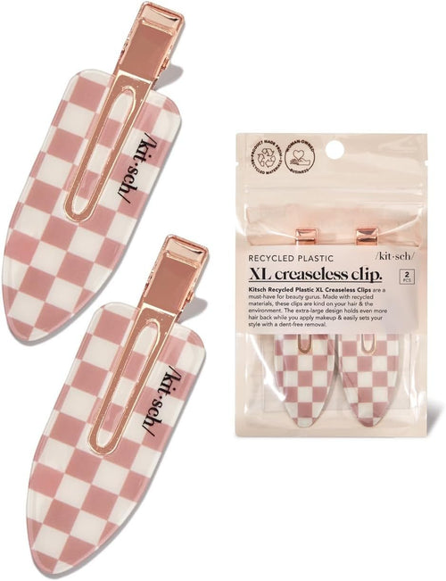 Kitsch Creaseless Hair Clips for Women, No Bend No Crease Styling Clip, Recycled Acrylic Makeup Hair Clips, Hairstyling - Terracotta (Checkered), 2pcs