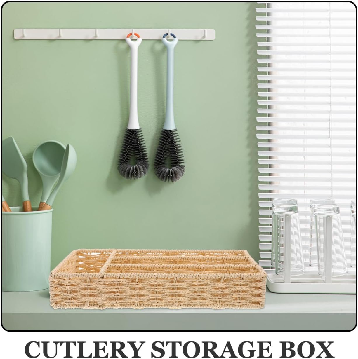 IMIKEYA Woven Silverware Storage Basket With 4 Compartments Wicker Flatware Organizer Kitchen Cutlery Utensil Serving Tray 30x20cm Fork Spoon Holder