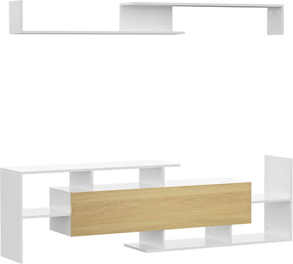 HOMCOM TV Unit with Wall Shelf, Open Shelves and Wooden Cabinet, Modern TV Unit for Living Room and Bedroom, White and Wood