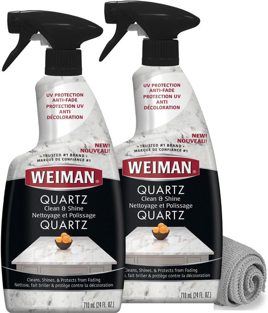 Weiman Quartz Countertop Cleaner and Polish - 24 Ounce (2 Pack) with Microfiber Towel Included - Clean and Shine Quartz Countertops Islands and Stone Surfaces, UV Protection, Orange Citrus Scent