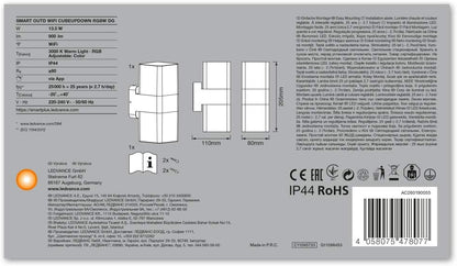 LEDVANCE Smart LED Outdoor Wall Light with WiFi Technology for Outdoor, RGB Colors Changable, Made of Dark Grey Aluminium, Compatible with Google and Alexa, SMART+ WIFI CUBE UPDOWN