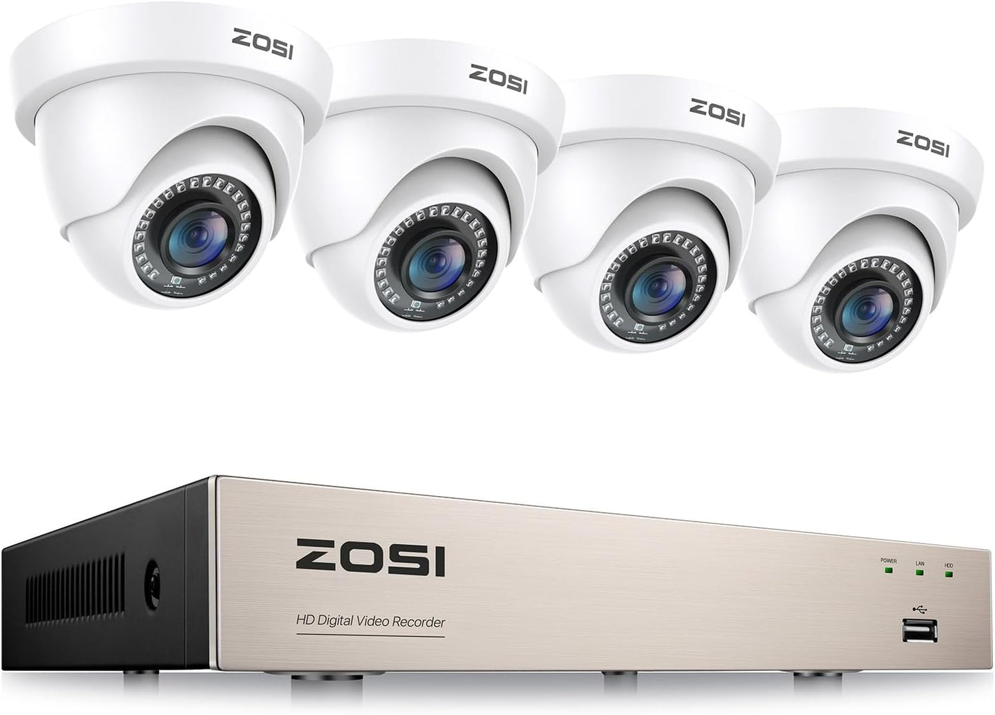 ZOSI Wired Video Surveillance System 1080P 8CH Full HD H.265+ DVR with 4x Surveillance Camera, IP66 Waterproof, Night Vision, Motion Detection, Instant Alert, No HDD
