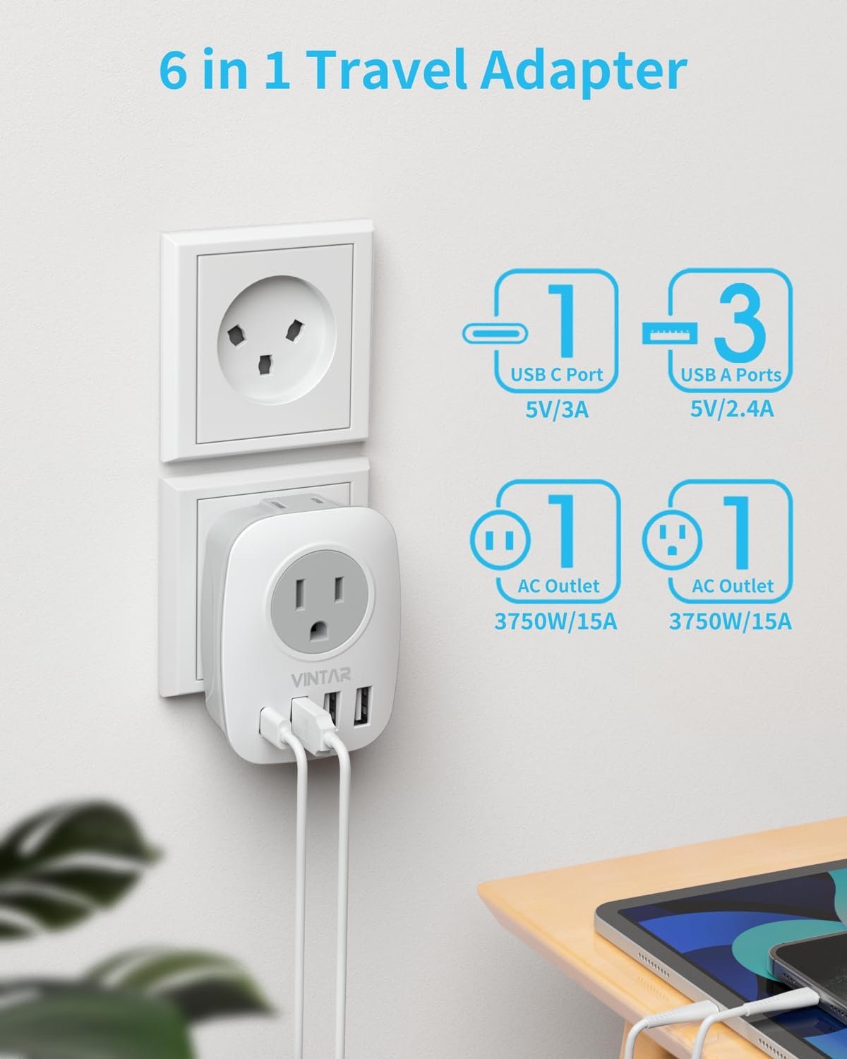Israel Power Adapter, VINTAR Type H Travel Plug Adapter with 1 USB C, 2 American Outlets and 3 USB Ports, 6 in 1 International Power Adapter for Canada to Israel,Jerusalem,Palestine(Type H)