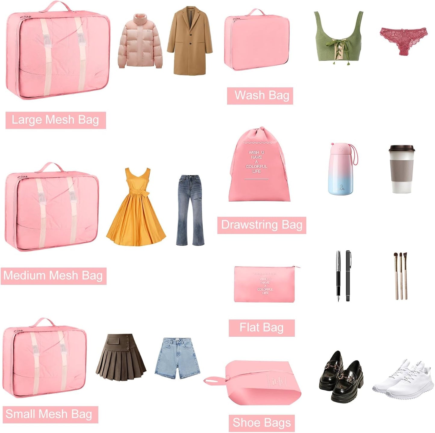 RISVOWO 7 Pieces Packing Cubes, Suitcase Organizer, Travel Suitcase Organizer, Travel Organizer, Storage Bag Organizer, Storage Suitcase Set, for Clothes, Shoes, Cosmetics (Pink)