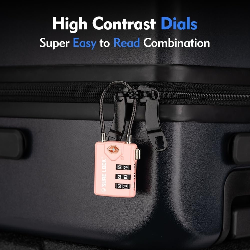 SURE LOCK TSA Compatible Travel Luggage Locks, Inspection Indicator, Easy Read Dials TSA Approved with Zinc Alloy, PINK 2 PACK, earnest