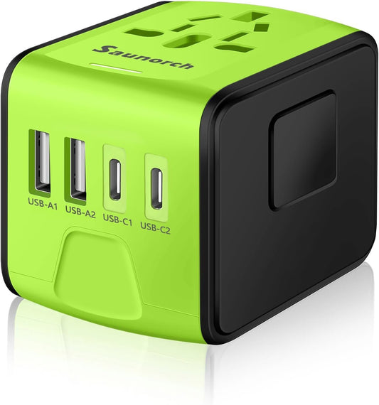 SAUNORCH Travel Adapter Worldwide, Universal International Power Plug Adapter W/2.4A 2xUSB-A and 3.0A 2xType-C Wall Charger, European Travel Plug Adapter for Europe UK EU US CA AU Italy Asia-Green