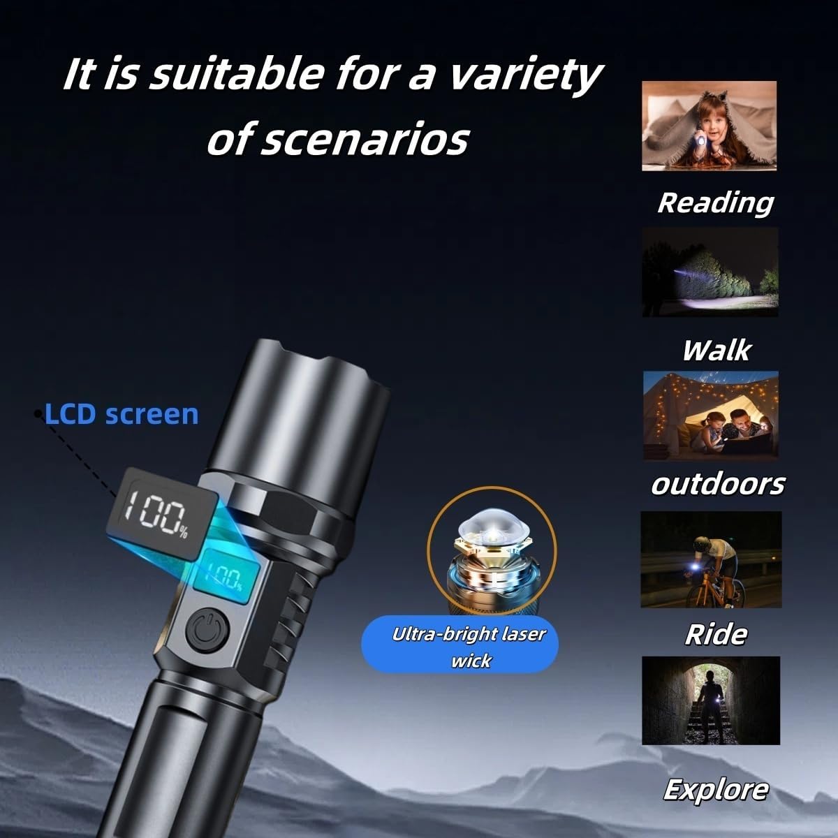 Rechargeable flashlights1500L Tactical Flashlight,Adjustable Focus LED Flashlight, 3 Lighting Modes, Long Battery Life,IPX5 Waterproof,Small Bright Flashlight for Home,Power Cuts,Emergency,Camping