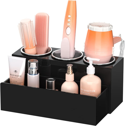 NIUBEE Hair Tool Organizer, Acrylic Hair Dryer and Styling Holder, Bathroom Countertop Blow Dryer Organizer, Vanity Storage Stand for Accessories, Makeup, Toiletries (Black)