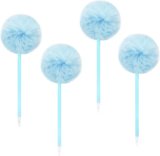 Biiange 4Pcs Fluffy Pen, Pom Pom Plastic Ballpoint Pen, With Black Ink, Gift Pens for Christmas Stationery Carnival Birthday (Blue)