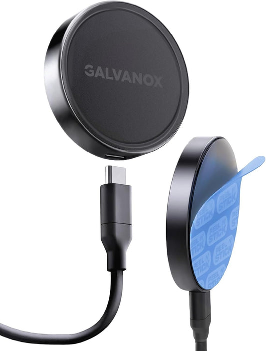 Galvanox Stick-On Magnetic Wireless Charger, Compatible with MagSafe (15W) iPhone Fast Charging, Low-Profile Pad for Wall, Home Office, Magnet Car Mount with Removable USB-C (Adhesive Mounting)