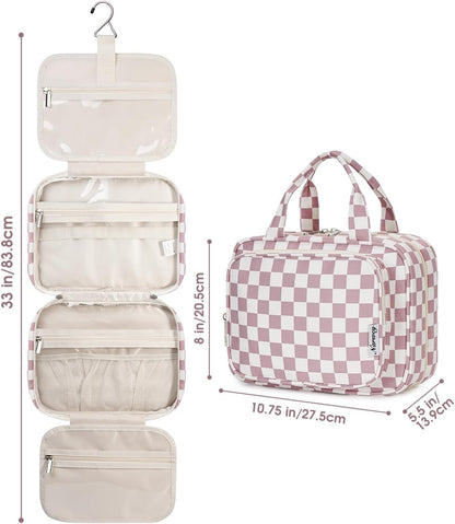 Narwey Hanging Toiletry Bag for Women Travel Makeup Bag Organizer Toiletries Bag for Travel Size Essentials Accessories Cosmetics (Dusty Rose Checkerboard (Medium))