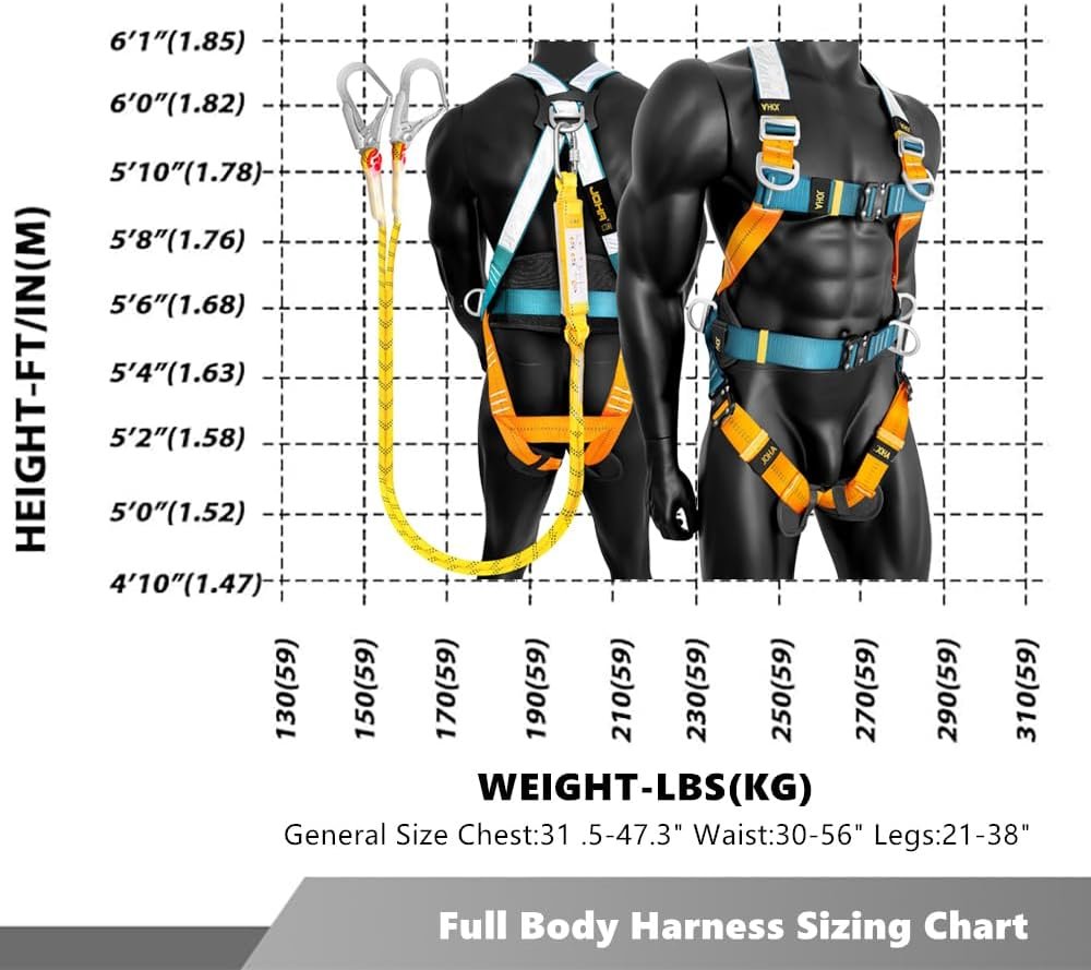 Fall Protection Full-Body Safety Harness, Vented & Padded Shoulder, Legs & Back