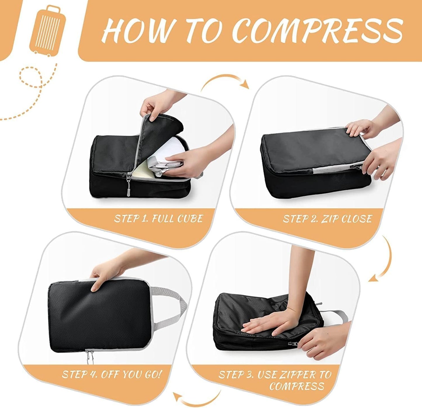 Compression Packing Cubes for Suitcases, Travel Essentials Expandable Travel Bags Organizer for Luggage-4 Set (Black)
