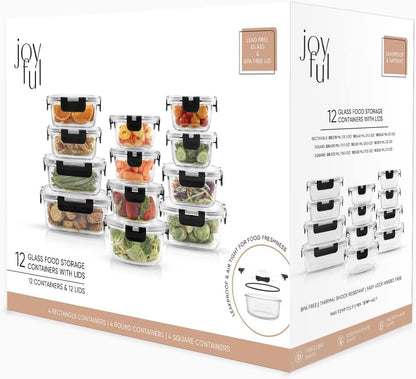 12 Pack Glass Food Storage Containers with Lids, Meal Prep Pantry Kitchen Storage Containers for Lunch, Leak Proof, Airtight Glass Lunch Bento Boxes for Microwave, Oven, Freezer (BLACK)