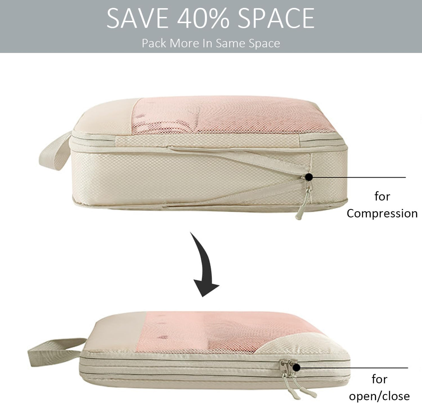 Compression Packing Cubes, Set of 8 Areaphmet Travel Packing Organisers travel packing cubes set Compression Bags for Travel Luggage Organizers for Suitcases Travel Accessories (Beige, 8pcs)