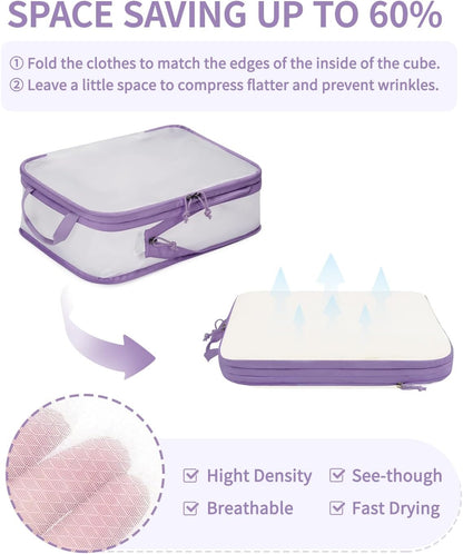 ECOHUB 6pcs Compression Packing Cubes Set for Backpack Suitcases, Expandable Travel Organiser with Shoes Bag, Ultra-resistant Packing Organiser for Carry On Luggage