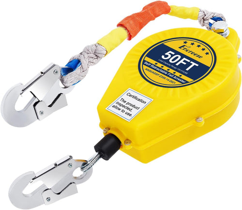 Encreese Self-Retractable Fall Arrester 50FT Double Locking Fall Arrest Protector Fall Protection Gear, Dual Alloy Steel PPE Shell Heavy Duty Hook Cable Wire Rope Roofing Lifeline Safety Lanyard