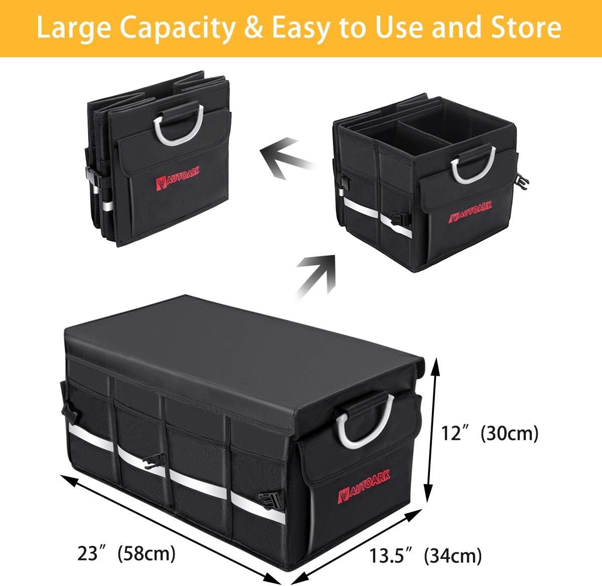 Autoark Multipurpose Car SUV Trunk Organizer with Cover and Straps,Durable Collapsible Adjustable Compartments Cargo Storage,AK-132
