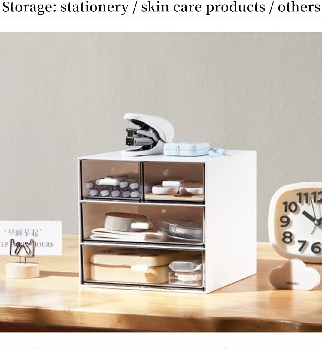 FAMULEI Desk Storage, Makeup Storage Box With 4 Drawers, Cosmetic Storage Organizer, Plastic Office Stationery Supplies Organizers, Desktop Organizer for Office School Home And Bathroom (White)