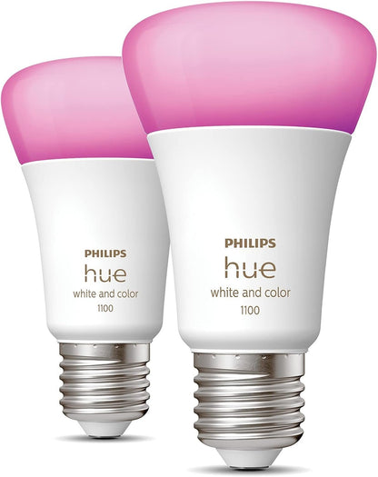 Philips Hue White and Colour Ambiance Smart Light Bulb 2 Pack 75W - 1100 Lumen [E27 Edison Screw] with Bluetooth. Compatible with Alexa, Google Assistant and Apple Homekit