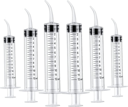 OLCANA 6 Pieces 12ml Plastic Syringe with Sterile Individual Wrap Disposable Curved Tip Syringes for Feeding Pets, Measuring Liquids, Oil Fluid Suction, Watering Industrial Experiments