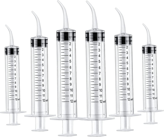OLCANA 6 Pieces 12ml Plastic Syringe with Sterile Individual Wrap Disposable Curved Tip Syringes for Feeding Pets, Measuring Liquids, Oil Fluid Suction, Watering Industrial Experiments