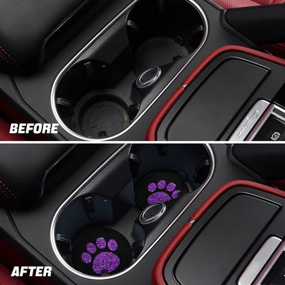 AUCELI 2 Pack Car Cup Holder Coasters, 2.75In Bling Glitter Rhinestone Paw Print Cup Coaster, Rubber Non-Slip Insert Auto Drink Mat, Universal Car Interior Accessories for SUV, Truck, RV (Purple)