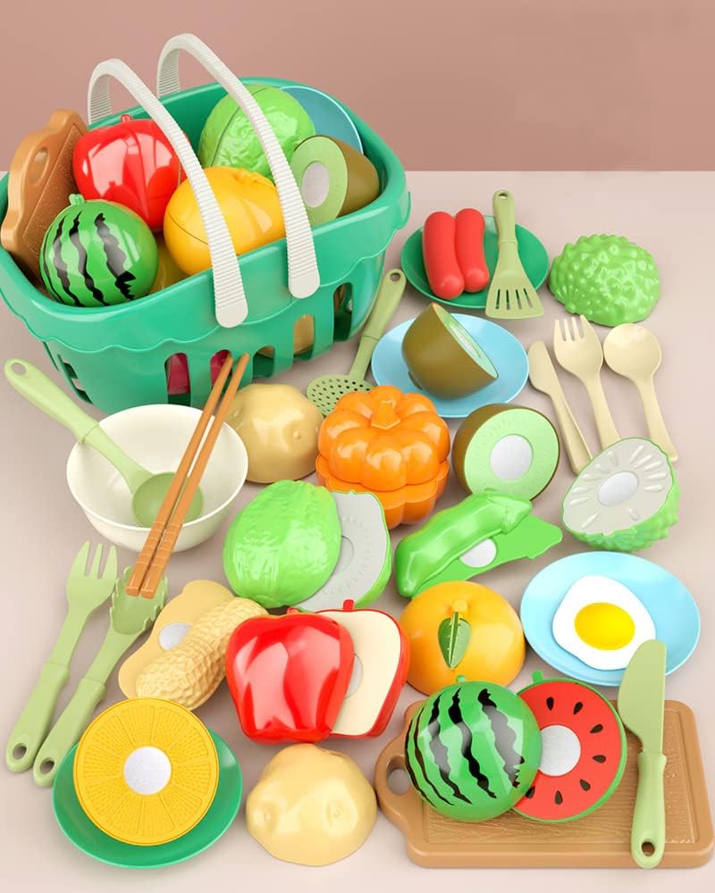 Uandhome 30 Pcs Cutting Play Food Toy for Kids Kitchen Pretend,Cooking Fruit &Vegetables Accessories with Shopping Storage Basket,Mini Dishes and Utensils for Baby Children Educational Toy,Birthday