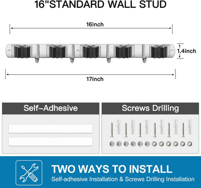 IMILLET 2 Pack Wall Mount Broom Holder Stainless Steel 5 Racks with 4 Hooks Broom Organizer Self Adhesive Heavy Duty Laundry Room, Garage Organization Storage