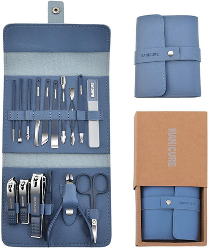 Sawanork Manicure Set, Nail Clippers Pedicure Kit, 16 Pieces Stainless Steel Manicure Kit, Personal Nail Care Tools, Professional Grooming Kits with Travel Leather Case for Thick Nails (Blue)