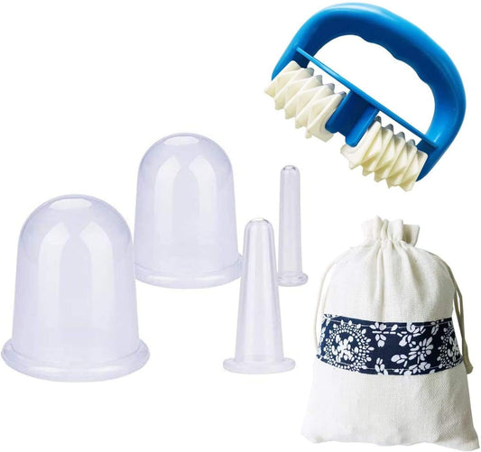 Silicone Massage Cupping Set, Anti Cellulite Cup Vacuum Massage Cups with Massage Roller Suction Cups Massage for Face Eyes Neck Cellulite Treatment Pain Relief Injury Recovery (Transparent)
