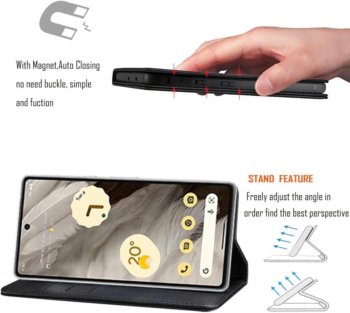 LANJLM Google Pixel 7 Case with Wrist Strap PU Leather Pixel 7 Wallet Case Card Holder Shockproof Google 7 Flip Cover - Black
