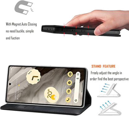 LANJLM Google Pixel 7 Case with Wrist Strap PU Leather Pixel 7 Wallet Case Card Holder Shockproof Google 7 Flip Cover - Black