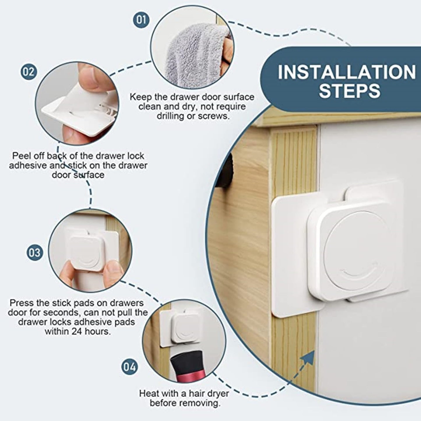 6 Child Safety Cabinets Locks for Fridge, Baby Proof Cupboard Locks, Drawer Lock for Fridge Kitchen Cupboards Closet Drawers Refrigerator Door Safety Strap Locks-with Strong and Removable Adhesive No Tools and Drilling Required (White)
