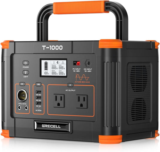 Portable Power Station 1000W (Peak 2000W), GRECELL Solar Generator 999Wh with 60W USB-C PD Output 110V Pure Sine Wave AC Outlet Backup Lithium Battery for Outdoors Camping Travel Hunting Home