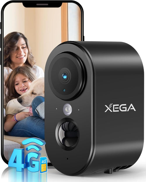 Xega 4G Cellular Security Camera Indoor Built-in SIM Card, 2K No Wi-Fi Security Camera Portable, LTE Cameras with 6000mAh Battery, PIR Motion Detection, Color Night Vision, 2-Way Audio, TF/Cloud