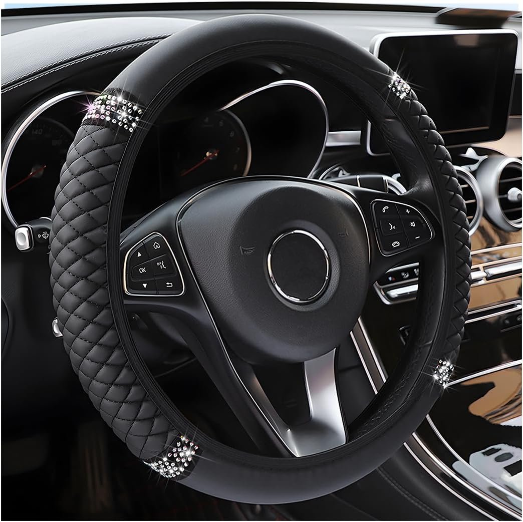 Osilly Bling Car Steering Wheel Cover, 15 Inch Rhinestones Soft Leather Elastic Steering Wheel Protector, Sparkly Crystal Diamond for Women Girls, Car Interior Accessories for Most Cars (Black)