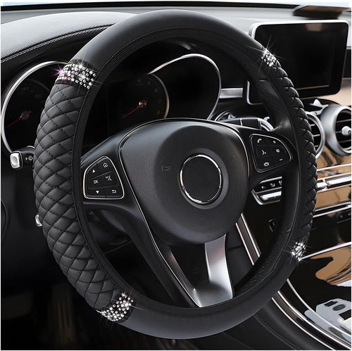 Osilly Bling Car Steering Wheel Cover, 15 Inch Rhinestones Soft Leather Elastic Steering Wheel Protector, Sparkly Crystal Diamond for Women Girls, Car Interior Accessories for Most Cars (Black)
