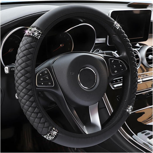 Osilly Bling Car Steering Wheel Cover, 15 Inch Rhinestones Soft Leather Elastic Steering Wheel Protector, Sparkly Crystal Diamond for Women Girls, Car Interior Accessories for Most Cars (Black)