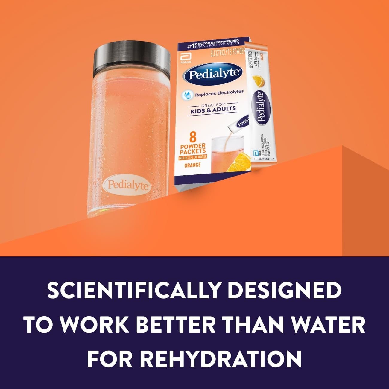 Pedialyte Electrolyte Powder, Hydration Drink for Kids & Adults, Orange, 8 Powder Packets