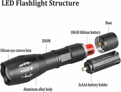 T6 Zoomable Aluminum LED Flashlight, Super Bright, Portable Torch, Powerful Emergency Flashlight has 5 Modes, Outdoor for Camping, Hiking, Fishing, Tactical Handheld Torches (Rechargeable-130MM)