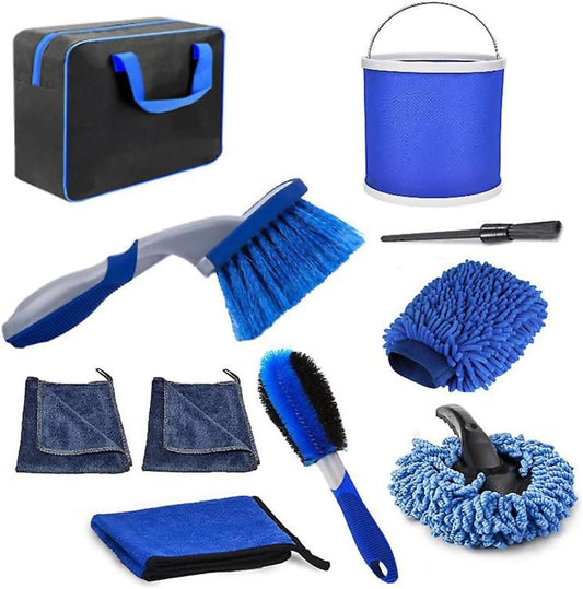 10 Pcs Car Wash Brush,Auto Cleaning Kit,Washing Mitt Towels,Tire Cleaning Brush,Detailing Brush,Foldable Bucket with Storage Bag,for Interior Exterior Cleaning